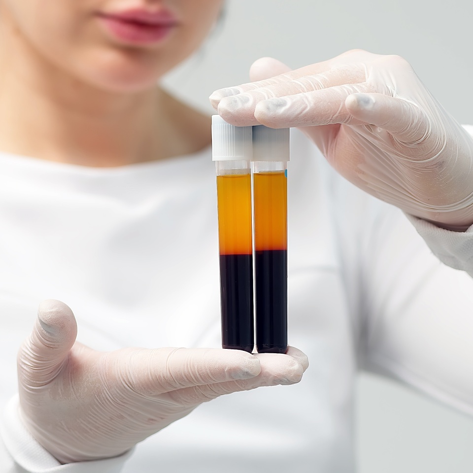 A cosmetologist in a white coat and gloves checks and demonstrates a blood collection tube with centrifuged blood - separated rich in platelets and plasma