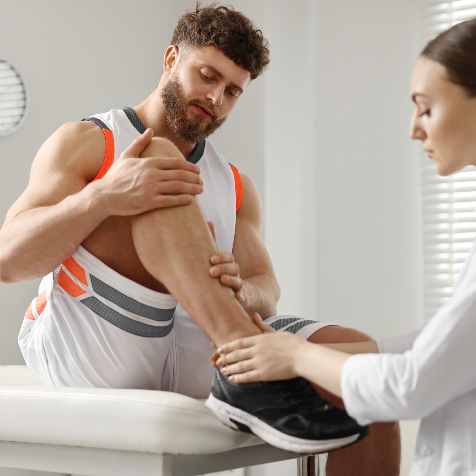 Sports injury. Doctor examining patient's leg in hospital