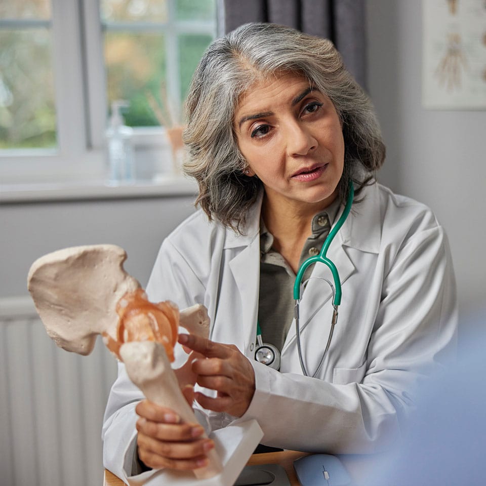 Mature Female Doctor Meeting With Male Patient Discussing Joint Pain In Hip Using Anatomical Model