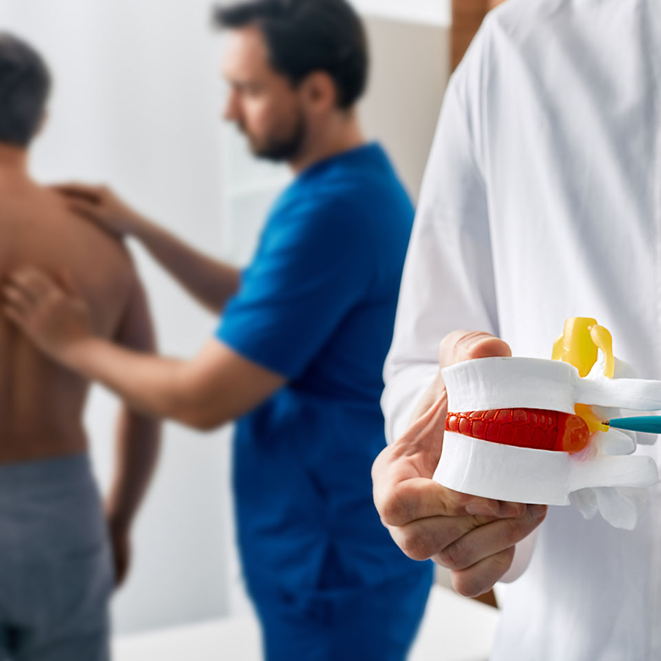 Chiropractor with anatomical lumbar disc herniation model while consultation of man with back pain