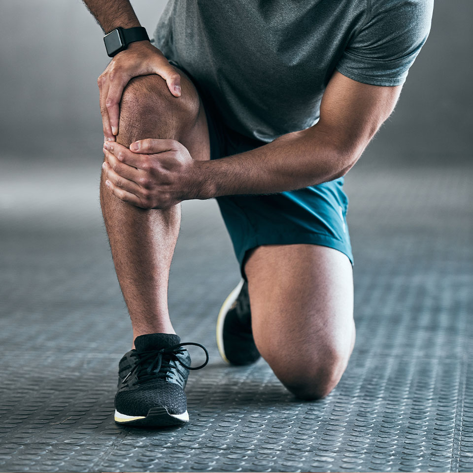 Man, hands and knee pain with injury in muscle tensio
